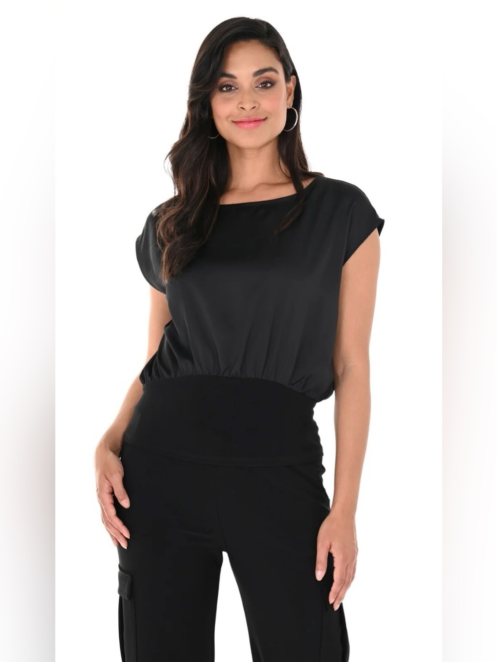 Women's Black Boatneck Blouson Top